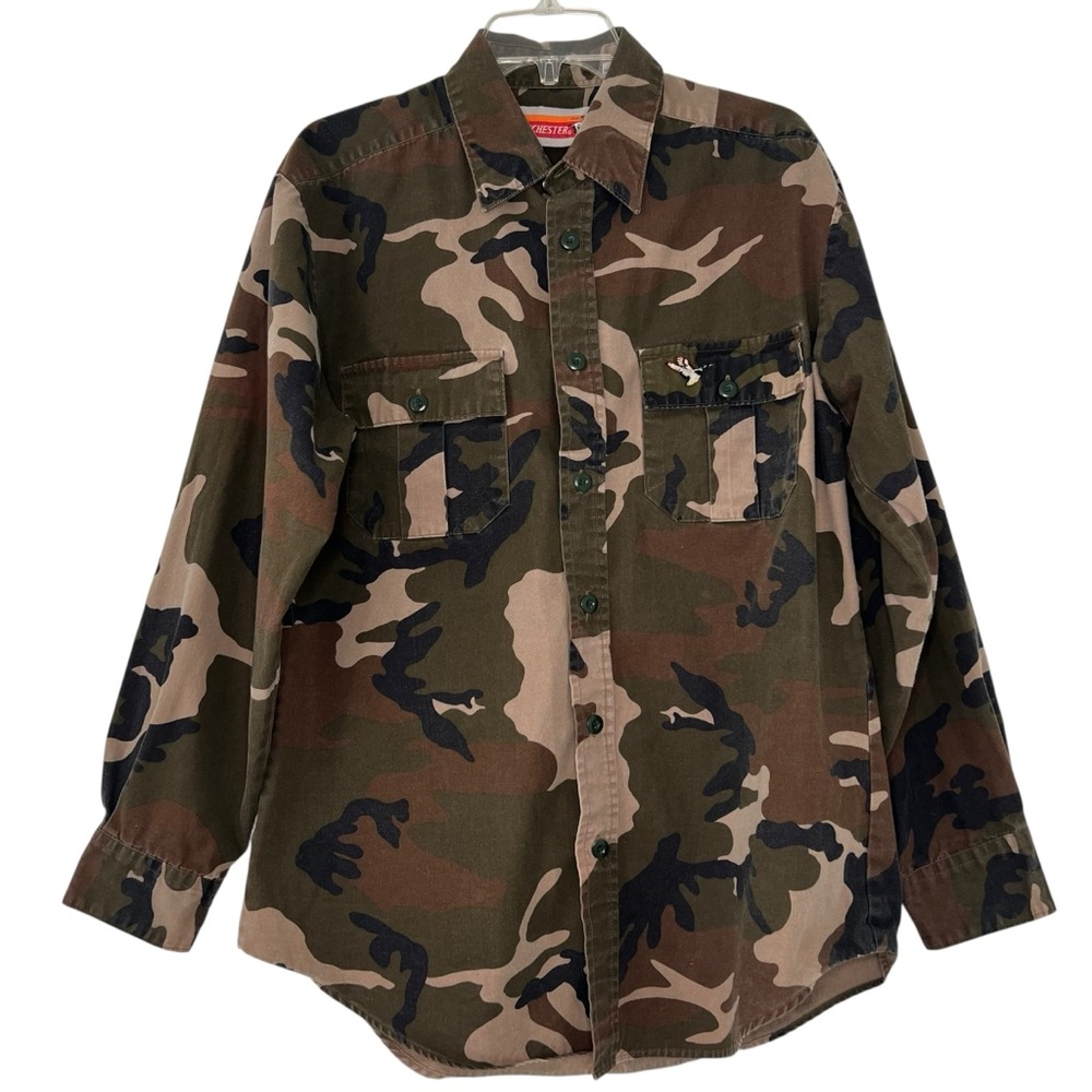 VTG Winchester Camo Shirt Mens M Button Down Flap Pockets Grunge Outdoors Army